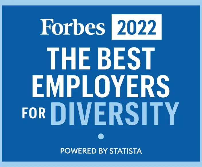 Card with text reading: Forbes 2022 Best Employers for Diversity