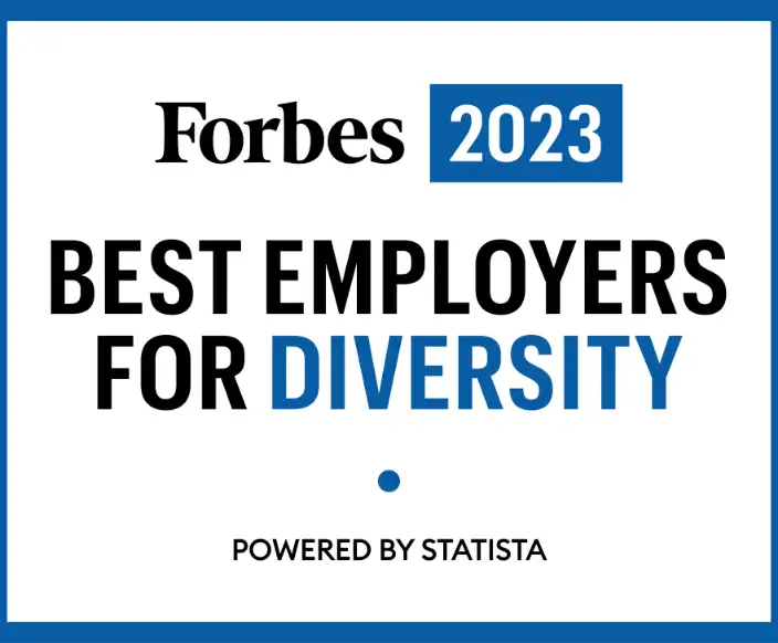 Card with text reading: Forbes 2023 Best Employers for Diversity