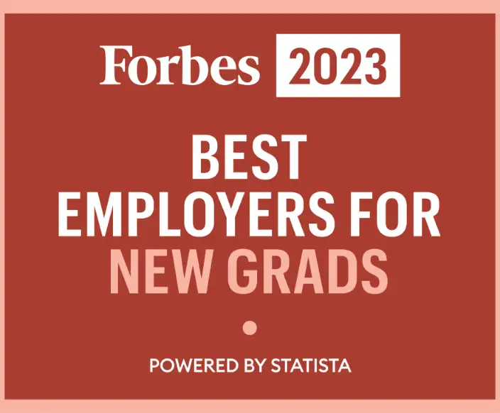 Card with text reading: Forbes 2023 Best Employers for New Grads